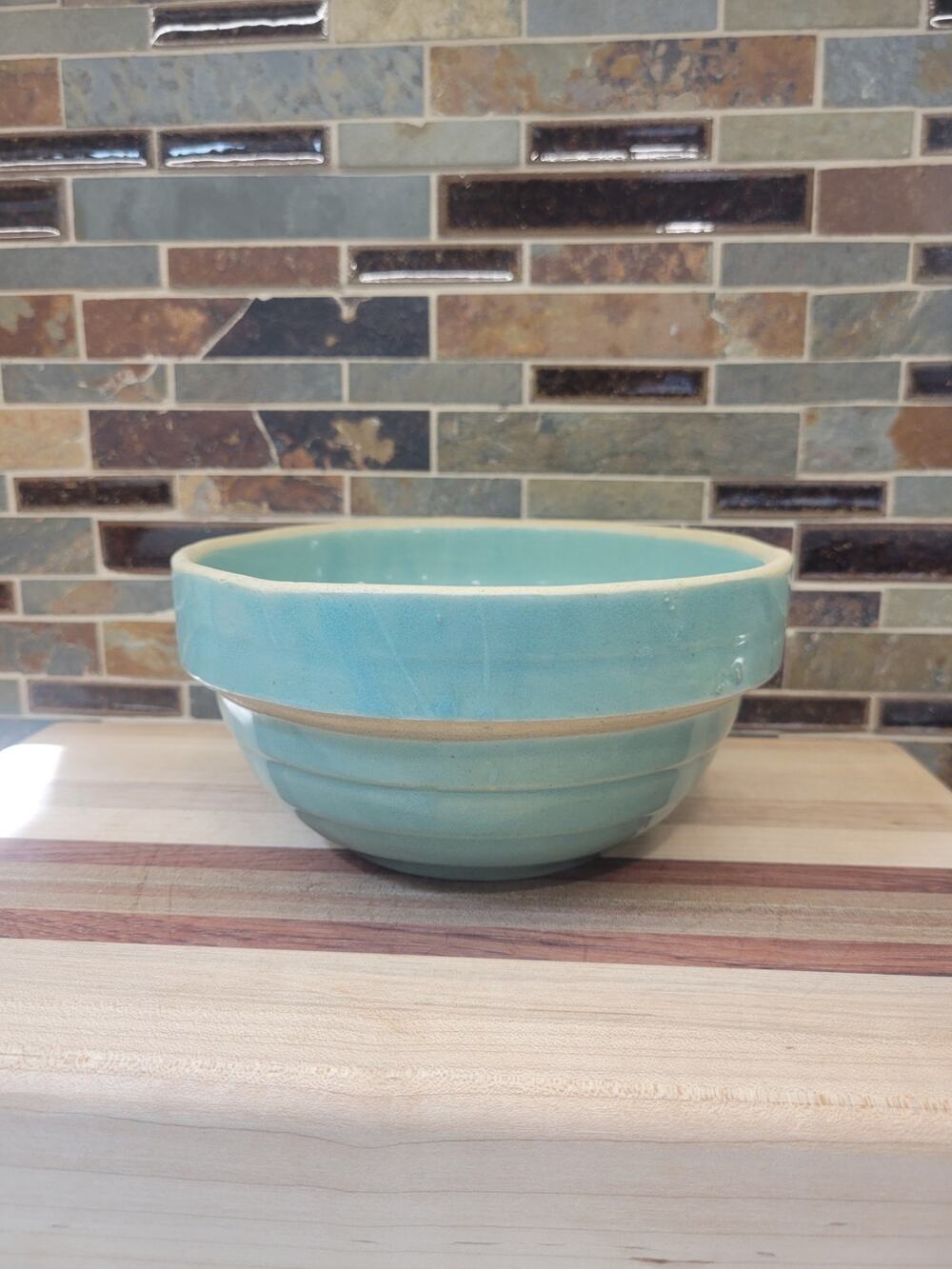 Vintage Green Stoneware 7" Mixing Bowl Farmhouse Kitchen Pottery (Hairline)
